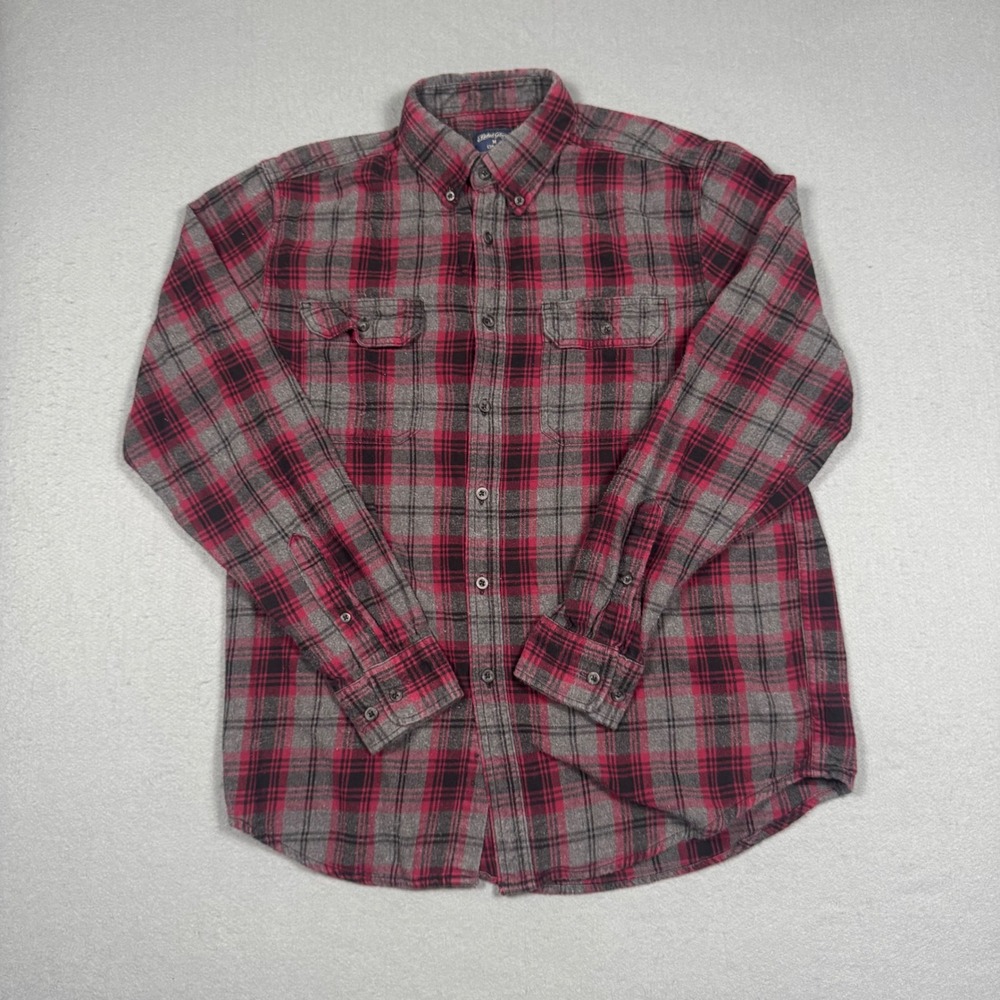 Faded Glory Flannel Shirt Mens M Red Gray Plaid Cotton Button Down Long Sleeve